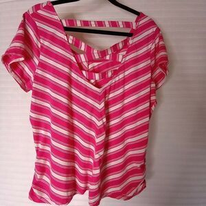 Extra Touch Women's Plus Size 2X Pink And White Striped Short Sleeve Top
